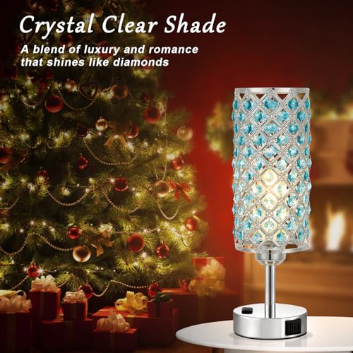 Hong-in Blue Crystal Lamp Touch Control Set of 2, Crystal Table Lamps with USB C+A Ports & AC Outlet, 3-Way Dimmable Nightstand Touch Lamp, Modern Bedside Table Lamp for Bedroom(Bulbs Included) - color: Blue