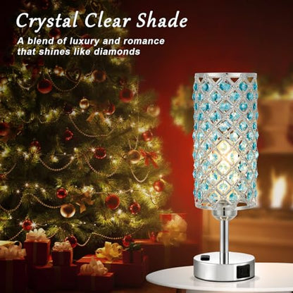 Hong-in Blue Crystal Lamp Touch Control Set of 2, Crystal Table Lamps with USB C+A Ports & AC Outlet, 3-Way Dimmable Nightstand Touch Lamp, Modern Bedside Table Lamp for Bedroom(Bulbs Included) - color: Blue