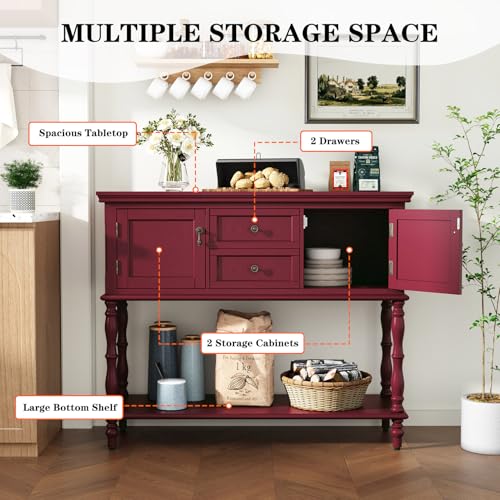 ARTPOWER Console Table with 2 Drawers, Retro Entryway Table with 2 Door Cabinets and Open Storage Shelf, Narrow Long Behind Couch Sofa Table for Living Room, Foyer, Hallway, Red - color: Red