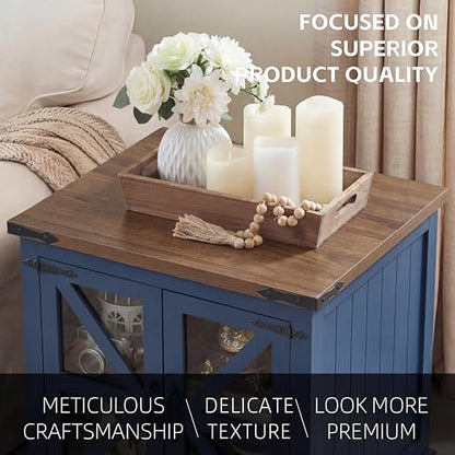 Farmhouse End Table, 24" Large End Tables with Storage, Rustic Square Sofa Beside Table with Glass Barn Door, Wood Side Table Square Nightstand for Living Room, Bedroom, Office (Misty Blue) - color: Misty Blue