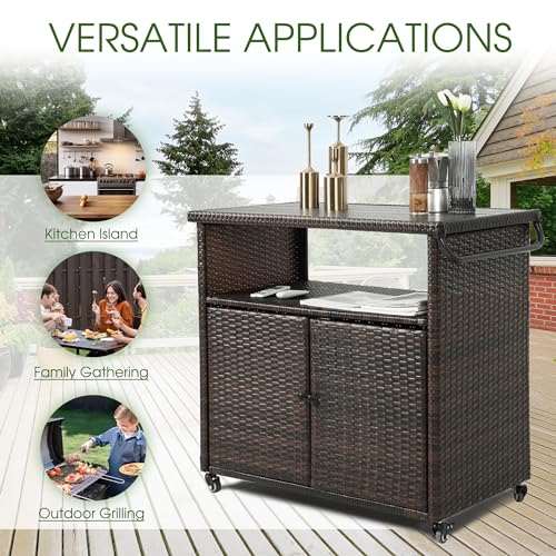 HOMEFUN Outdoor Bar Cart with Storage Cabinet - Outside Bar Table with Wheels Wicker Grill Carts Patio Kitchen Island Table Weatherproof Prep Stand, Brown - color: 09-brown