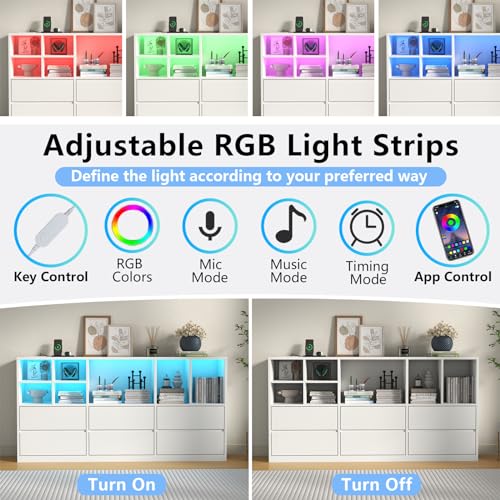 TV Stand with 6 Drawers & 7 Storage Cubbies, LED Lights Entertainment Center with Power Outlet, 63" TV Cabinet with Adjustable Open Storage Shelf, Modern TV Media Console for Living Room (White) - color: White