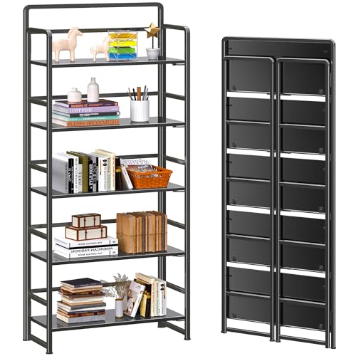 4NM No Assembly 5 Tiers Folding Bookshelf Storage Shelves Vintage Bookcase Standing Racks Study Organizer Home Office (All Black) - color: All Black, size: Standard 5 Tiers