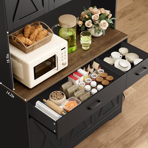 HOSTACK 71" Pantry Cabinet with Charging Station, Tall Kitchen Pantry Storage Cabinet with Microwave Stand, Farmhouse Kitchen Hutch with Storage Drawers for Living Room, Dining Room, Black - color: Black/Rustic Brown
