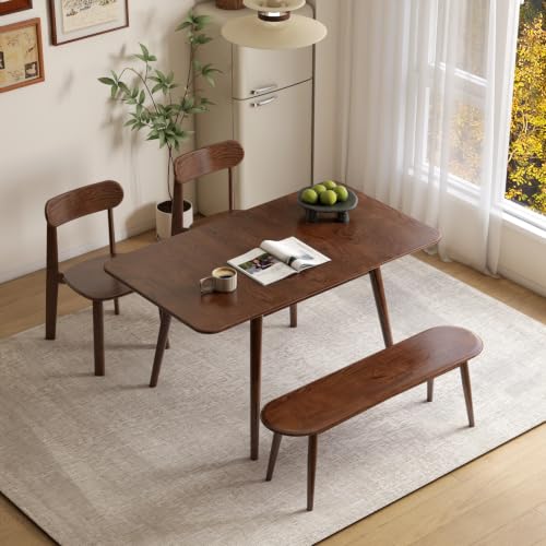 39’’-55’’ Oak Extendable Dining Table and Chairs & Bench Set, Solid Wood Folding Kitchen Table, Mid Century Dinner Table for Kitchen, Apartment, Living Room (Walnut, 55''+2Chairs-HSA+47'' Bench) - color: Walnut, size: 55''+2Chairs-HSA+47'' Bench