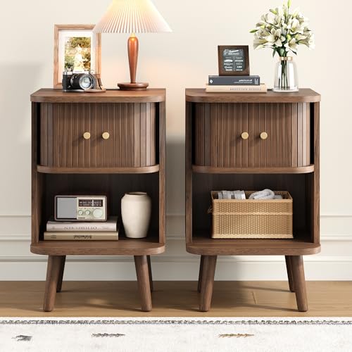 Decofy Fluted Nightstand Set of 2, Mid Century Modern Bedside Table with Charging Station, Walnut End Tables with Sliding Tambour Doors, Storage Cabinet and Open Shelf for Bedroom, Walnut - color: Walnut, size: 2 Pack