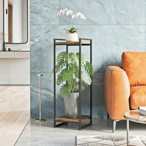 34" Tall Indoor Plant Stand, 2-Tier Flower Pot Rack, Rustic Brown | Modern Minimalist Look, Wood Finish, for Living Room, Bedroom, Balcony, Space-Saving, Sturdy Metal Frame