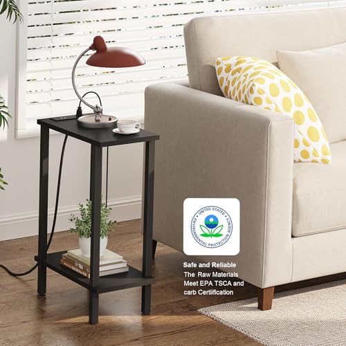 TUTOTAK Small End Table with Charging Station, Narrow Side Table with USB Ports and Outlets, Skinny Sofa Table, Slim Nightstand, Living Room, Bed Room, Black TB01BK060 - color: Black, size: 2-tier