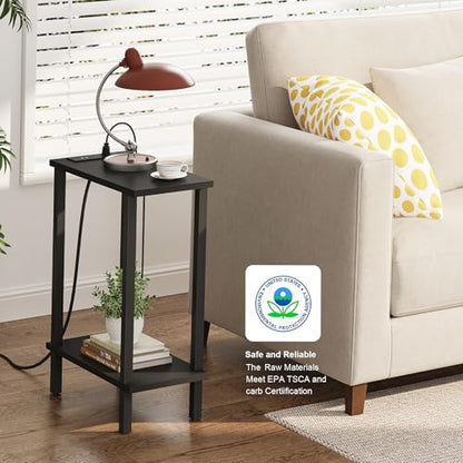 TUTOTAK Narrow Side Table Set of 2, Small End Table with Charging Station | 2-Tier Skinny Sofa Table, Slim Nightstand, Easy Assembly for Living Room, Bedroom, Black TB01BK0602 - color: Black, size: 2-tier