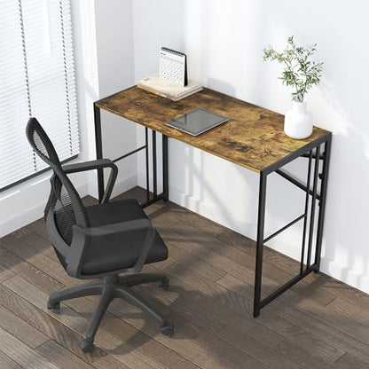 Lutown-Teen 35 inch Small Folding Computer Desk, Writing Gaming Computer Desk for Small Spaces, No Assembly Required Home Office Tale, Rustic Brown - color: Rustic Brown, size: 35 Inch
