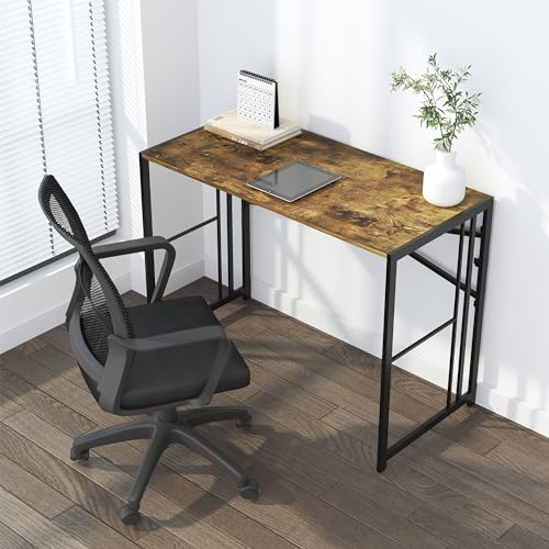 Lutown-Teen 35 inch Small Folding Computer Desk, Writing Gaming Computer Desk for Small Spaces, No Assembly Required Home Office Tale, Rustic Brown - color: Rustic Brown, size: 35 Inch