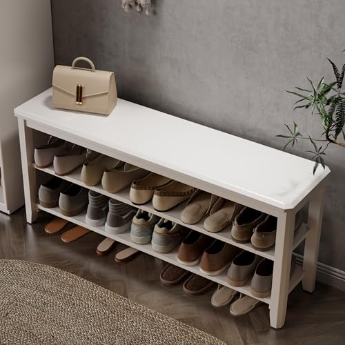 AQIMUELE Wood Shoe Rack Bench for Entryway, 2 Tier Shoe Rack for Front Door Entrance, Shoe Bench with Shoe Storage for Entryway, Bedroom, 47.2" - color: White-wood Seat, size: 47.24"W x 20.4"H x 11.8"D