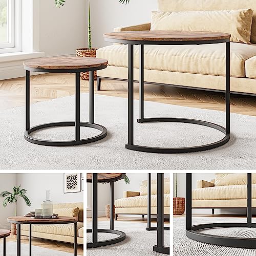 HOJINLINERO Round Nesting Coffee Table Set of 2,Small Coffee Table,Brown | Center Table for Living Room,Small Apartment,Small Space,Stacking Side Tables,Sturdy Easy Assembly,Rustic Brown Wood Tabletop - color: Brown, size: Small
