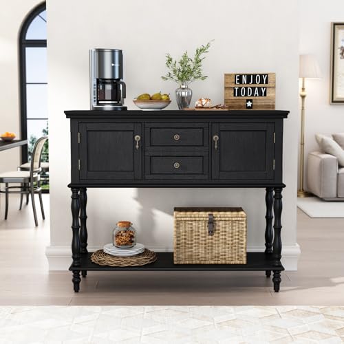 ARTPOWER Console Table with 2 Drawers, Retro Entryway Table with 2 Door Cabinets and Open Storage Shelf, Narrow Long Behind Couch Sofa Table for Living Room, Foyer, Hallway, Black - color: Black