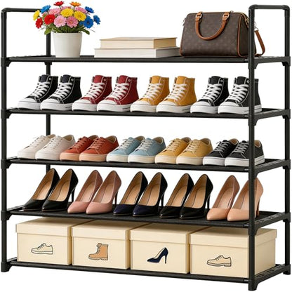 5 Tier Shoe Rack Large Capacity, 34.3" Wide Adjustable Shoe Organizer for 20-25 Pairs, Sturdy Non-Woven Shoe Rack Shelf Multi-Purpose Storage Unit for Closet, Hallway, Entryway,Garage,Black - size: 5-Tier(Black)-Wide
