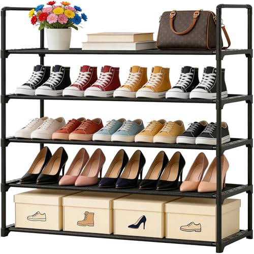 5 Tier Shoe Rack Large Capacity, 34.3" Wide Adjustable Shoe Organizer for 20-25 Pairs, Sturdy Non-Woven Shoe Rack Shelf Multi-Purpose Storage Unit for Closet, Hallway, Entryway,Garage,Black - size: 5-Tier(Black)-Wide