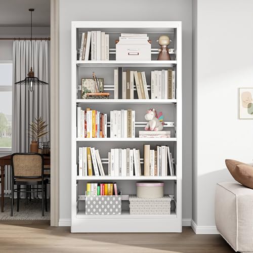 70.9" H Metal Bookshelf, Adjustable Bookcase, 5-Tier Heavy Duty Bookshelf with Bookend, Tall Bookshelves, Bookcase Shelf for Living Room, Office, Library,Classroom (White-37.4W) - color: White, size: 37.4" Wide