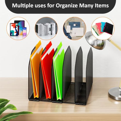 FUCDTEFC Desk File Organizer, Adjustable 5 Sections Upright Desktop Organizer File Sorter, Sturdy Metal Mesh Vertical Bookshelf File Holder Workspace Accessories for Home,School,Office Classroom,Black