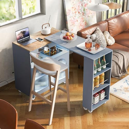 Rolling Kitchen Island with Extendable Swivel Table and Power Outlet, Kitchen Island on Wheels with Storage Cabinet, Fluted Glass Doors and Open Shelves for Small Spaces, Grey-Blue - color: Grey-blue