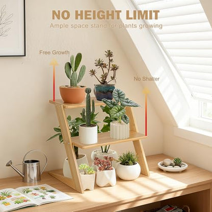 3 Tier Table Top Countertop Small Plant Stand with Shelf Adjustable | Bamboo Wooden Desk Plants Succulent Stand, Office Flower Pot Holder Rack ,Cup Cake Stand, Kitchen Spice Rack