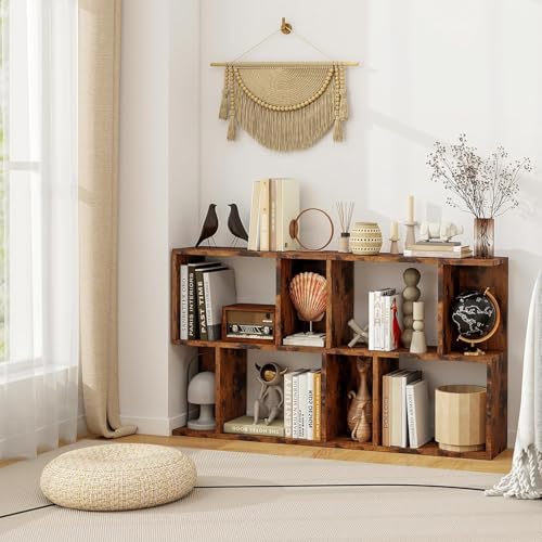22’’ H Geometric Bookshelf, 2-Tier S-Shaped Floor Bookcase, Freestanding Open Display Book Shelf for Small Spaces, Low Side Table for Living Room & Bedroom (1, Rustic Brown) - color: Rustic Brown