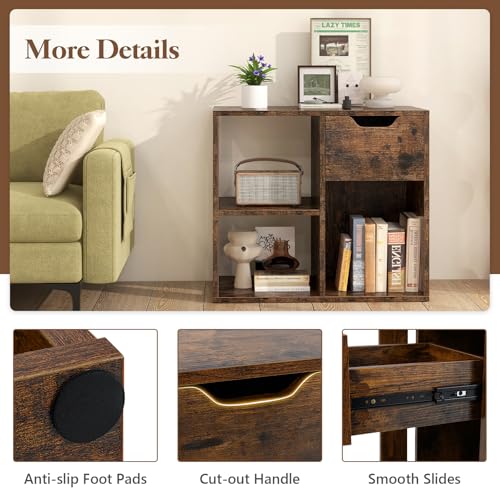 Giantex 3 Cube Bookcase with Drawer Set of 2, Bookshelf for Small Space, Modern Freestanding Display Rack with Open Shelves, Book Case, Wood Cube Storage Organizer Bedroom Living Room, Rustic Brown - color: Rustic Brown