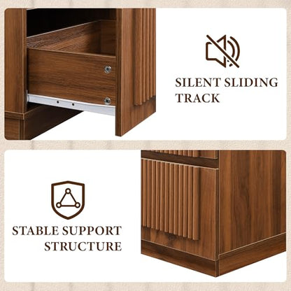 Fluted Nightstands Set of 2 with Charging Station, Walnut | Fluted nightstand with charging station, 2 drawers, arched fronts and a curved base - size: 1SET