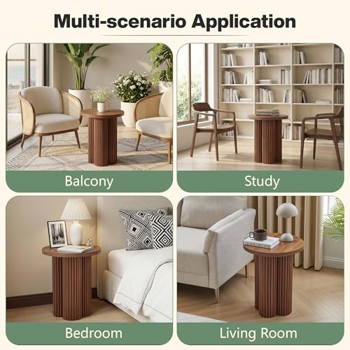 Round Fluted End Table, 17.7'' Mid Century Modern Side Table, Circle Bedside Tables Drink Table Wood Nightstand for Small Spaces, Living Room (Walnut-1PCS) - color: Walnut-1pcs