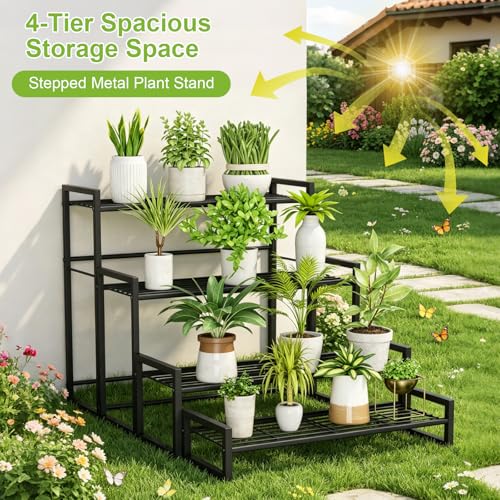 VyGrow Plant Stand, 4 Tier Widened Stackable Tiered Plant Stand, Upgraded Scalable Heavy Duty Tall Plant Shelf for Indoor Outdoor, Garden, Display Shelves, Flower Pot Holder, Black - color: Black 9.84"W