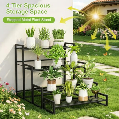 VyGrow Plant Stand, 4 Tier Widened Stackable Tiered Plant Stand, Upgraded Scalable Heavy Duty Tall Plant Shelf for Indoor Outdoor, Garden, Display Shelves, Flower Pot Holder, Black - color: Black 9.84"W