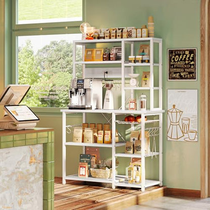 SUPERJARE Large Bakers Rack with Power Outlets, 6-Tier Microwave Stand, Coffee Bar with 12 S-Shaped Hooks, Kitchen Shelf with Wire Basket, 39.4 x 14.6X 66.9 Inches, White - color: White, size: 39.4inch