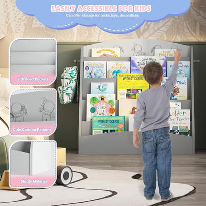 NACHES 5-Tier Kids Bookshelf - Toddler Book Display Shelves, Montessori Bookshelf for Kindergarten, Nursery, Bedrooms, Classrooms - Wooden Children Book Display, Grey - color: Grey
