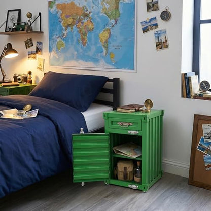 Industrial Metal Container Side Table, 3-Tier End Tables with Drawers, Bedside Table, Container Style Locker Wrought, Retro Style Metal Container Cabinet for Bar/Bedroom/Garage (Green) - color: Green