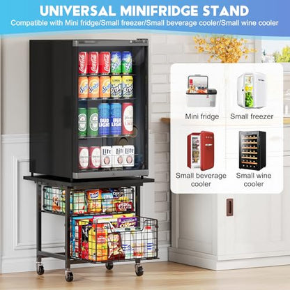 Mini Fridge Stand with Storage, Small Refrigerator Stand with 2 Drawers, Mini Fridge Shelf Cabinet-Max Load 300 LBS Heavy Microwave Stand Mini Fridge Cart for Dorm, Apartment, Kitchen (Black)