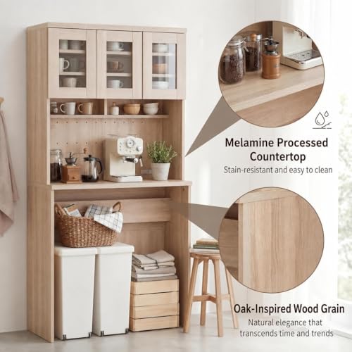 Garvee 71" Large Kitchen Pantry Cabinet with Drawers and Power Outlet, Tall Kitchen Hutch with Countertop for Kitchen,DIY Pegboard and Drawers, Farmhouse Food Pantry for Living Room - color: Natural Wood