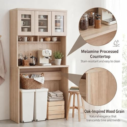 Garvee 71" Large Kitchen Pantry Cabinet with Drawers and Power Outlet, Tall Kitchen Hutch with Countertop for Kitchen,DIY Pegboard and Drawers, Farmhouse Food Pantry for Living Room - color: Natural Wood