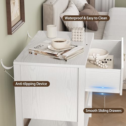Xixini Rattan Nightstand with 2 Drawers and Open Shelf, 27" Wide Boho Bedside Table with Brass Knobs, Mid-Century Modern Wooden End Table for Bedroom, White - color: White