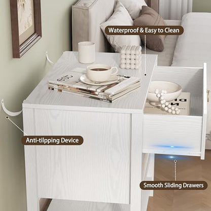 Xixini Rattan Nightstand with 2 Drawers and Open Shelf, 27" Wide Boho Bedside Table with Brass Knobs, Mid-Century Modern Wooden End Table for Bedroom, White - color: White