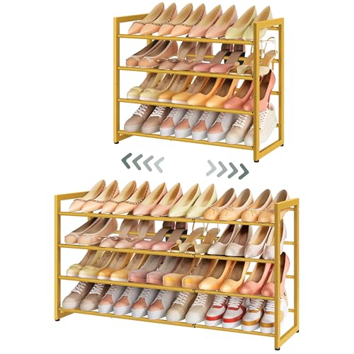 FAVOOSTY 4-Tier Expandable Shoe Rack, Adjustable Shoe Shelf Storage Organizer Space Saving Metal Free Standing Shoe Rack for Entryway Closet Doorway, Gold - color: Gold, size: 4 Tier
