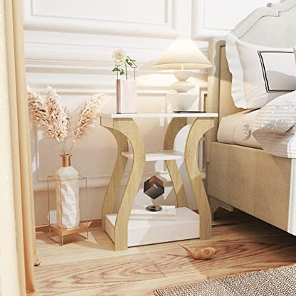 FROMJBEST End Tables Living Room, End Table with Charging Station,White&Oak | Side Table Living Room, with USB Ports and Outlets, Nightstand for Bedroom, 3-Tier Storage Shelf, Bedside Table - color: White+oak