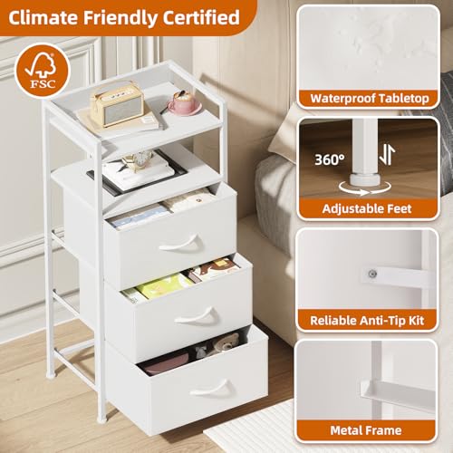 Somdot Nightstand with 3 Drawers, Dresser with Fabric Bins for Bedroom, Hallway, Entryway, Night Stand Bedside Table Furniture, Sturdy Steel Frame, Wooden Top, Easy Pull Fabric Bins, White Leather - color: White Leather, size: 11.4"D x 15.2"W x 30.6"H (3