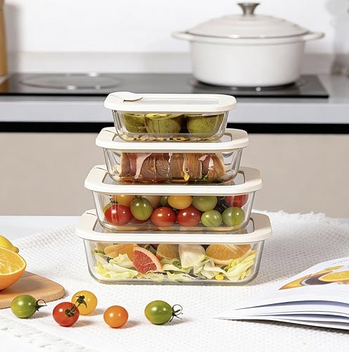 Urban Green Glass Food Storage Containers with Glass Lids, Microwave Safe Food Container Set, Aitight Meal Prep Container Set, LeakProof, 100% Plastic Free, 4 Pack - color: ‎Ivory White -4p
