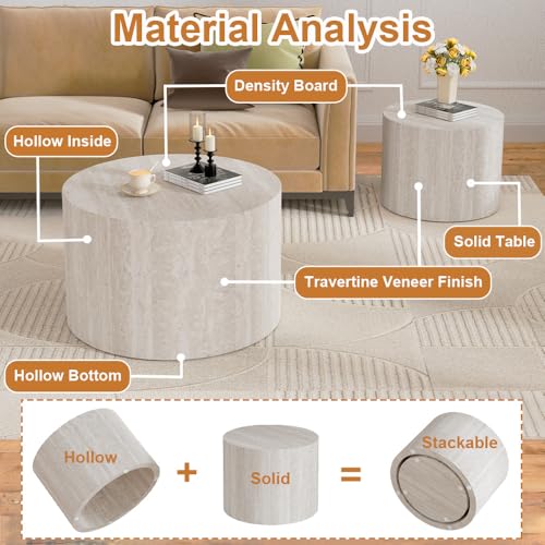Round Nesting Coffee Table Set of 2 Modern Small Round Travertine Coffee Tables Travertine End Side Table Circle Nested Coffee Tables for Living Room (Travertine B) - color: Walnut Regular