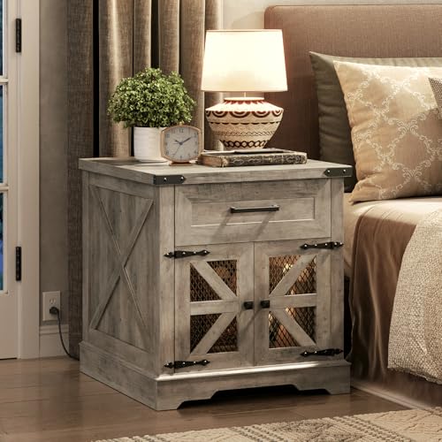 RALGEND Farmhouse End Table with Charging Station, 24" Large Sofa Side Table with Drawer, Large End Table for Living Room, Wooden Nightstand with Outlet, Square, Greige - color: Greige