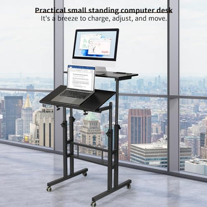 Hadulcet Mobile Standing Desk with Charging Station, Adjustable Standing Computer Desk, Standing Adjustable Laptop Cart with Wheels for Home Office Classroom Black - color: Black, size: 23.6" With Charging Station