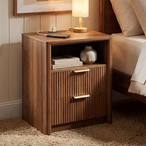 LYNCOHOME 19.7" Fluted Nightstand with Charging Station, 2 Drawer Bedside Table, Modern Night Stand with Curved Edge Design, Wooden End Table for Bedroom, Rounded Night Stand with Storage, Walnut - size: 15"D x 19.7"W x 24.2"H（2 Drawers）