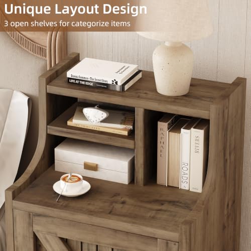 4ever2buy Oak Nightstand with Storage, 30" Tall Night Stand with Hutch | Farmhouse Tall Bedside Table End Table for Bedroom Living Room Sofa Office, Oak - color: Oak