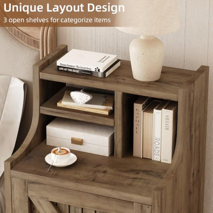 4ever2buy Oak Nightstand with Storage, 30" Tall Night Stand with Hutch | Farmhouse Tall Bedside Table End Table for Bedroom Living Room Sofa Office, Oak - color: Oak