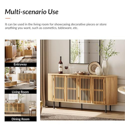 WAMPAT 64.4" Fluted TV Stand, Wood Entertainment Center for TVs Up to 70 inches, Curved Edge Media Console Table with Doors and Shelves for Living Room, Bedroom, Oak - color: Oak