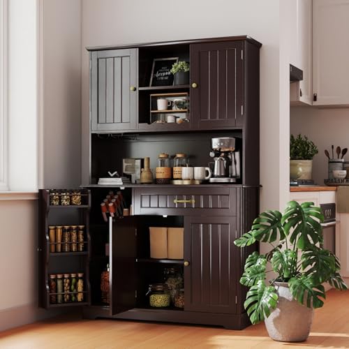 Gizoon Kitchen Hutch Cabinet Kitchen Hutch Storage Cabinet Tall Pantry Coffee Bar with Storage for Dining Room and Craft Room, Painted Dark Brown - color: Dark Brown